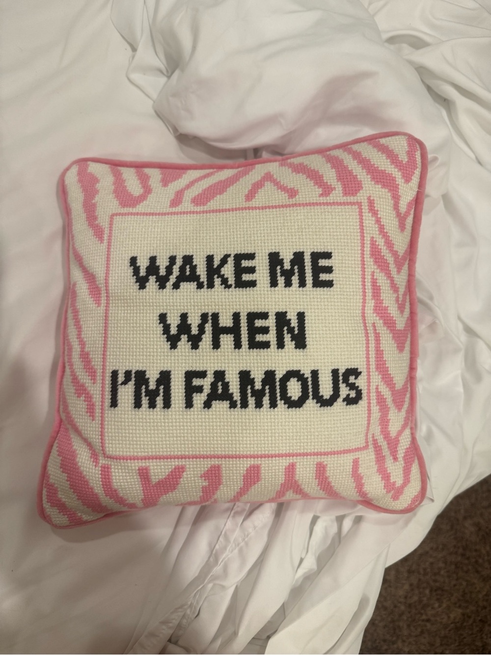 REVOLVE Pink and White "Wake Me When I'm Famous" Accent Pillow